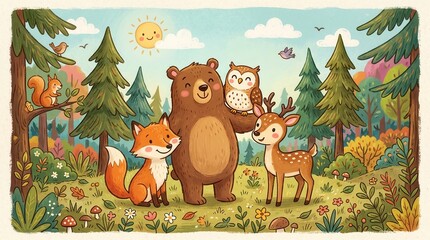 Fototapeta premium Bear, fox, owl, and deer stand together in a vibrant forest meadow on a bright day