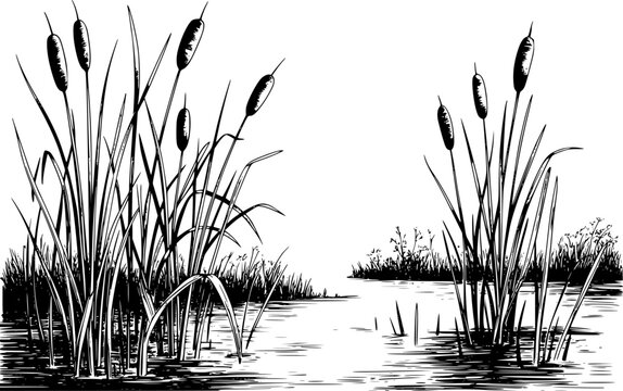 穏やかな湿地や池の環境に生えているガマの植物の白黒線画