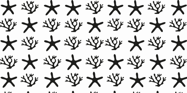 Black and white seamless pattern of stylized starfish and coral on a white background