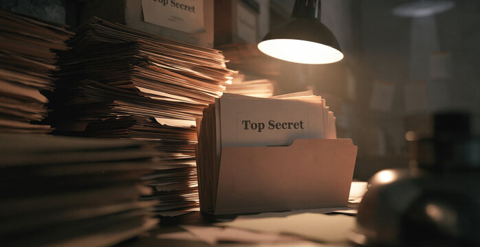 Top secret files sit in a dim archive under a desk lamp beside stacked documents.