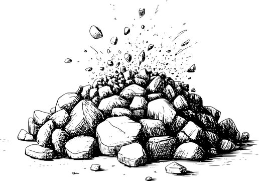 白い背景で小さな破片やゴミに爆発する岩の山の白黒のインク画