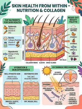 Skin health infographic showing anatomy nutrition and uv damage