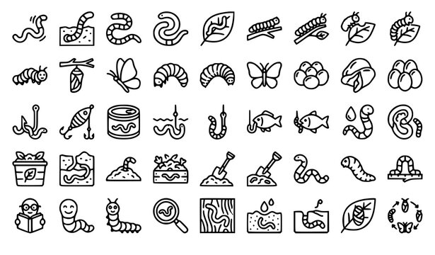 worm, worms, bookworm, caterpillar, larva, bait, earthworm, grub, insect, animal, outline, lineart, icon, monoline, segmented, crawling, compost, fishing, hook, cocoon, chrysalis, biology, ecology, na