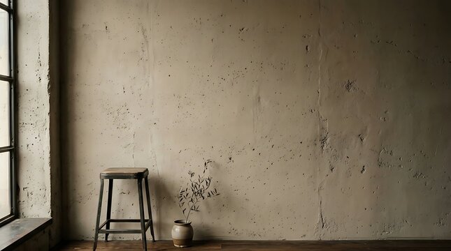 Minimalist room with stool and vase.