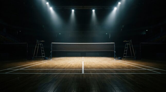 Empty badminton court in a dark arena with bright spotlights illuminating the playing area