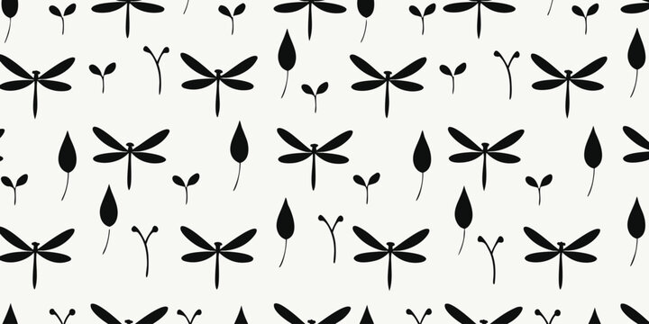 Seamless pattern with black dragonflies and leaves on white background