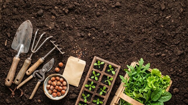 Gardening tools with green seedlings and seeds on dark soil background