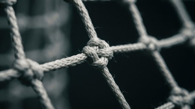 Closeup of a sports net with visible knots and ropes, creating a textured pattern