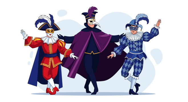 Three Clowns in Colorful Costumes Dancing.