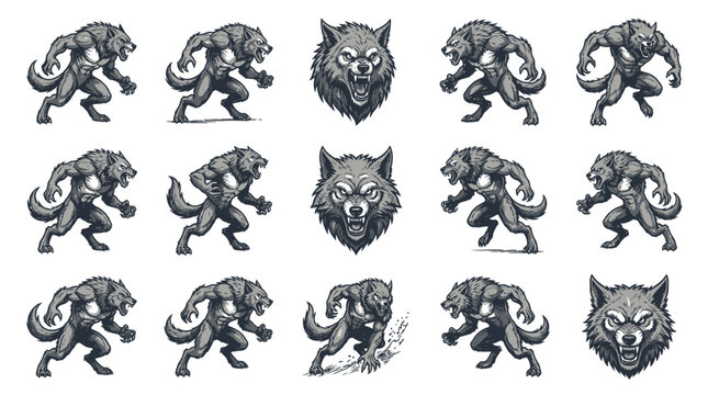Monochrome muscular werewolf character sprites in various poses