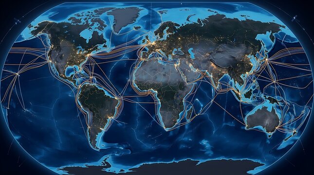 Global map showing submarine fiber optic cable network connections