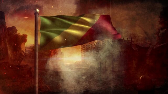 Congo Republic of the Flag with Cinematic Apocalypse Scene and Burning City