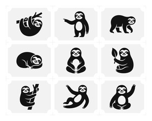 Fototapeta premium Sloth Icon Set – Minimalist Flat Vector Silhouettes, Geometric Jungle Animal Logo Collection
