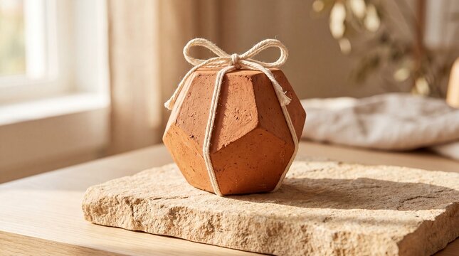 Terracotta geometric pot with twine bow product photography