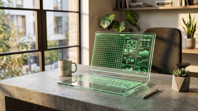 High tech studio view of futuristic transparent glass laptop resting on minimalist concrete desk screen displaying glowing green energy grid interface layout with warm window sunlight backdrop
