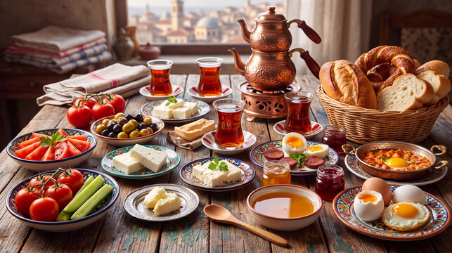 Traditional Turkish Breakfast Spread with Tea, Cheese, Olives and Fresh Bread