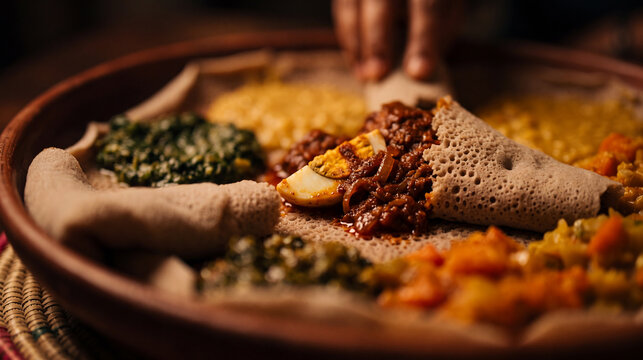 Traditional Ethiopian Injera with Doro Wat and Assorted Side Dishes