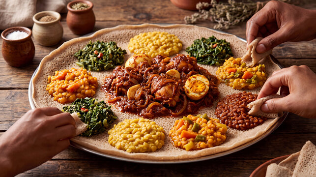 Traditional Ethiopian Injera with Doro Wat and Assorted Side Dishes