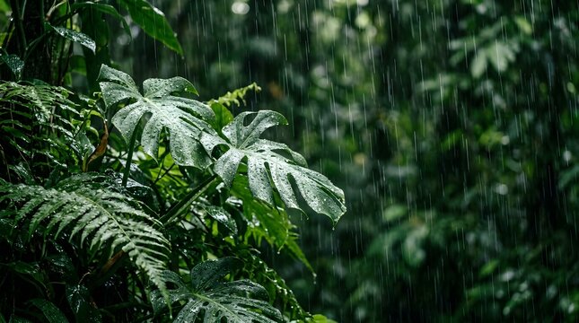 Rain falling on tropical monstera leaves in a lush green forest environment