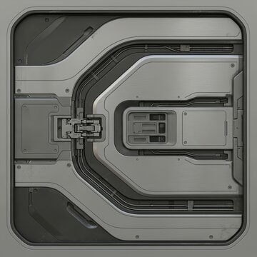 High-tech industrial metallic panel with intricate sci-fi details, integrated wiring, vents, and a subtle grunge texture. Perfect for futuristic designs and backgrounds. Generative AI.
