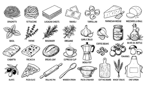 Vintage Italian Cuisine Botanical Food Sketch Collection for Packaging Vector Illustration