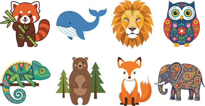 Cute wild animals collection featuring red panda whale lion geometric owl chameleon bear fox and patterned elephant vector illustration for kids design