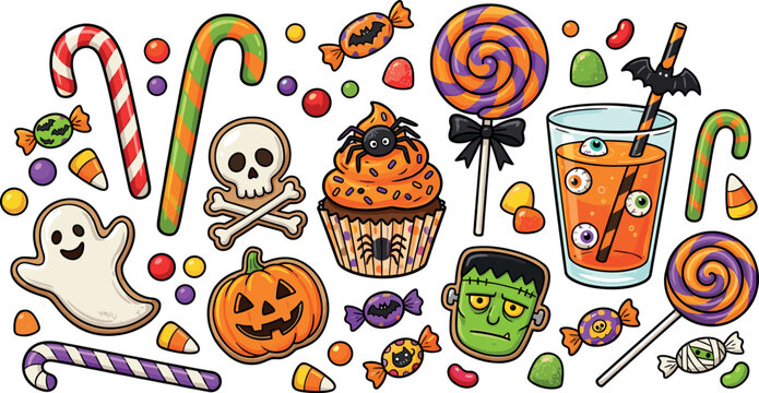 Halloween Sweet Treats and Candy Vector Icon Set with Spooky Cupcakes, Pumpkin Cookies, Lollipops, and Ghost Snacks for Autumn Festive Parties and Graphic Designs