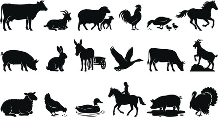 Fototapeta premium Farm Animal Silhouette Icon Set – Domestic Livestock and Poultry Vector Collection for Agriculture