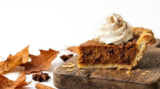 Slice of homemade pumpkin pie with whipped cream on wooden board