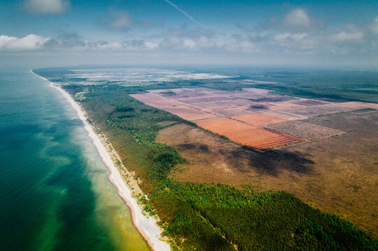 Aerial view of Nida Bog adjacent to the Baltic Sea, featuring vast peatlands, dense forests, and sandy beaches, Rucava, South Kurzeme Municipality, Latvia.