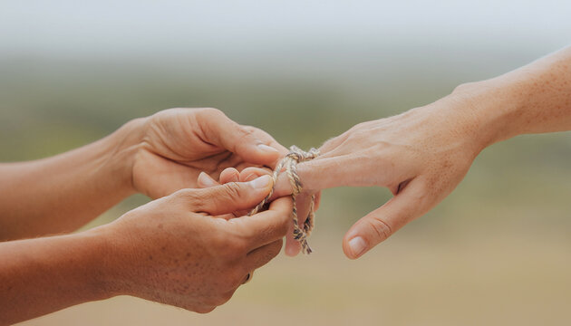 Hands Exchanging Friendship Bracelet Outdoors