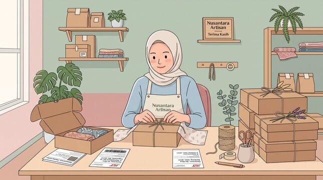Muslim female entrepreneur in hijab packing artisan products and handmade gifts into cardboard boxes for her e-commerce small business