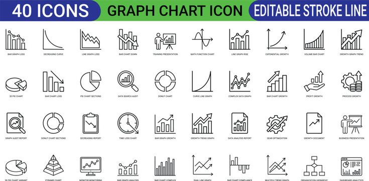 Graph chart data analysis line art icons set presentation diagram growth analytics dashboard progress bar pie schedule report web icon app icon outline icon editable stroke line art vector eps