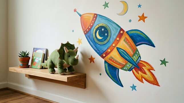 Rocket ship mural and dinosaur toy in a cozy kids bedroom
