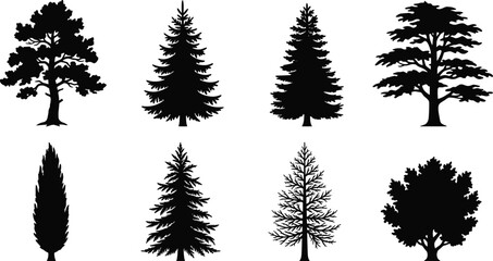 Fototapeta premium Tree Silhouette Collection with Pine Cedar Cypress and Deciduous Forest Vector Set