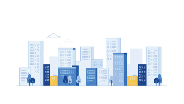 Contemporary city skyline vector illustration with blue buildings and yellow office highlights architecture buildings illustration skyscrapers metropolis