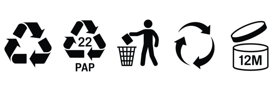 set recycle sign or packaging sign for products, period after opening pao label, green dot recycling symbol, recycling codes, don't litter sign, editable vector illustration for packaging design.