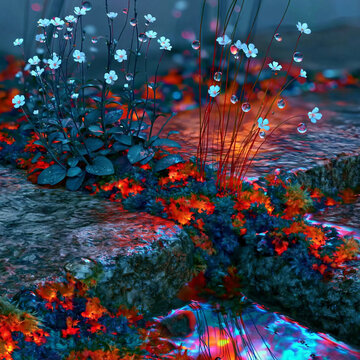 Mossy Garden Stepping Stone with Dewy Wildflowers and Light
