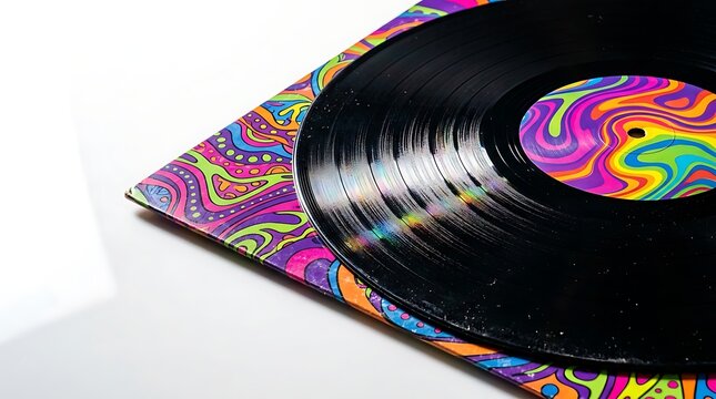 Black vinyl record on colorful psychedelic sleeve over white surface