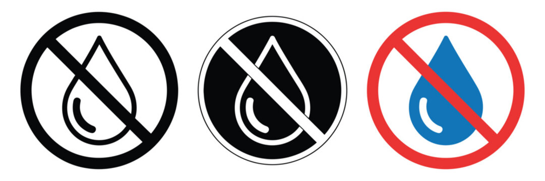 No Water Vector Icon Featuring Crossed Water Drop Symbol for Hydration Ban, Dry Zone, and Restriction Signage