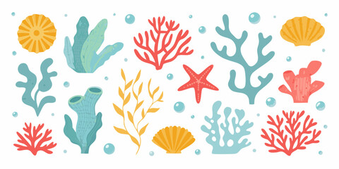 Marine life illustration featuring coral shells and seaweed on white background © Sarojit