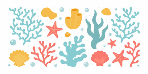 Marine Life Illustration Coral Shells And Starfish In Pastel Tones © Sarojit