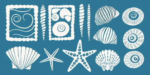 White Line Art Illustrations Of Various Seashells And Starfish © Sarojit