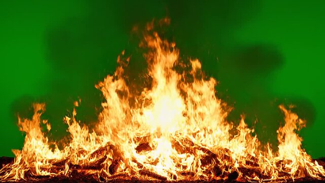 explosion effect with fire smoke and debris on green screen background chroma key