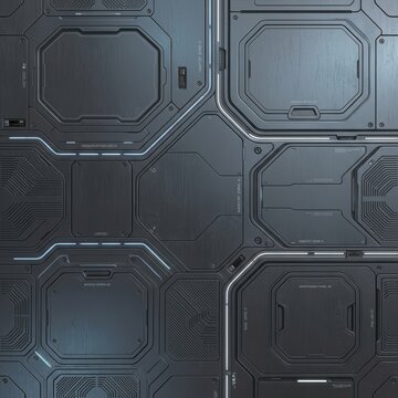 Immersive futuristic background showcasing textured metallic panels, glowing blue lines, and intricate cyber details. Perfect for high-tech, space, or cyberpunk designs.