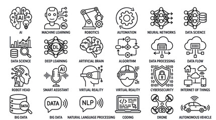 Artificial intelligence and natural language processing line icons. © muhammad