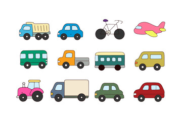 Fototapeta premium Colorful toy transportation vehicles and kids cars icons set on white background