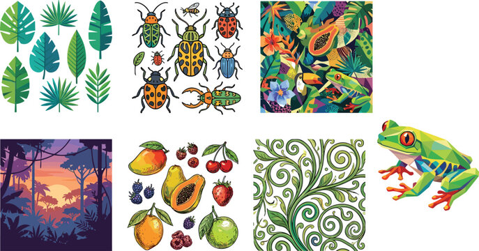 Tropical rainforest icons set featuring exotic plants insects colorful fruits jungle sunrise landscape and tree frog vector illustration for nature design
