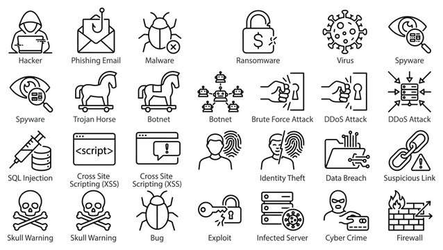 Cyber Attack and Threat Icon Set Continuous Line Art Vector_25