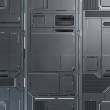 Detailed dark grey metallic wall background with futuristic panels, grilles, and glowing light lines, ideal for sci-fi and tech projects.